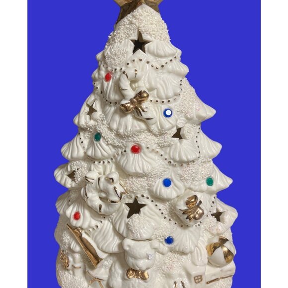 Ceramic Christmas Tree Lighted With Decorations And Gold Colored Accents - Picture 1 of 10